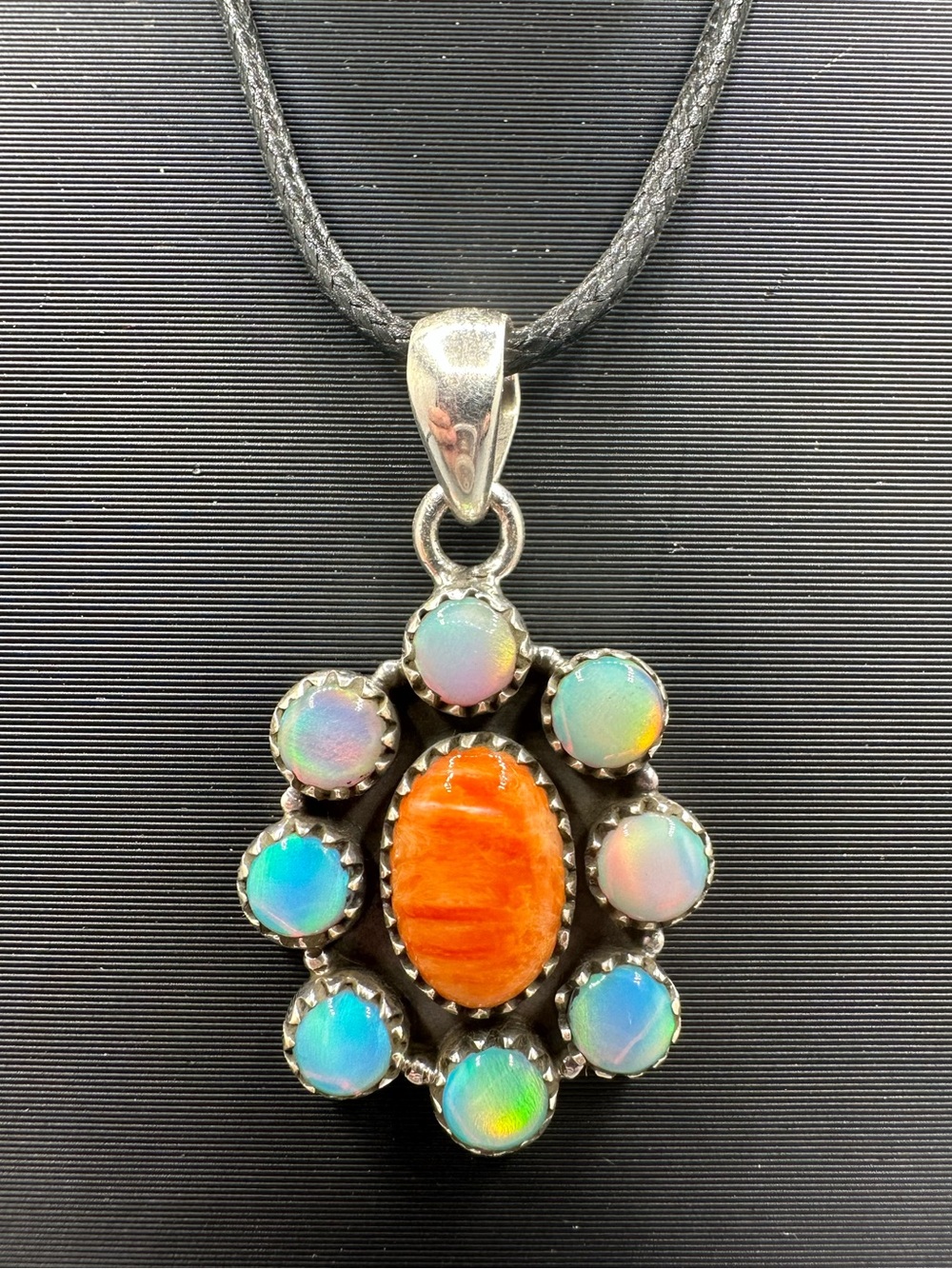 Aurora Opal & Orange Spiny Sterling Silver 925 Necklace Pendant Handmade